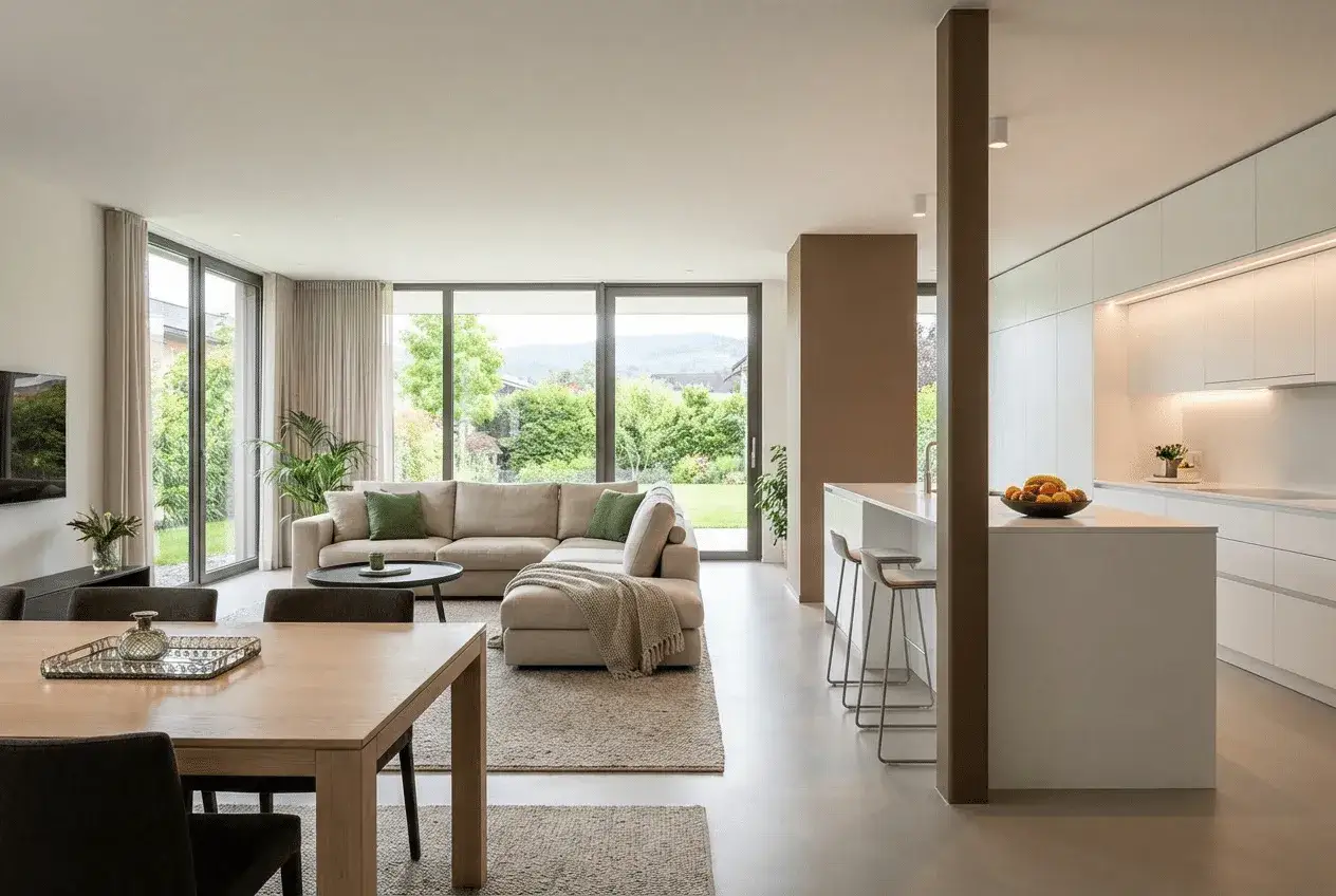 Cocinas abiertas al salón con barra, un espacio moderno y luminoso con sofá, mesa de comedor y una isla de cocina con taburetes.