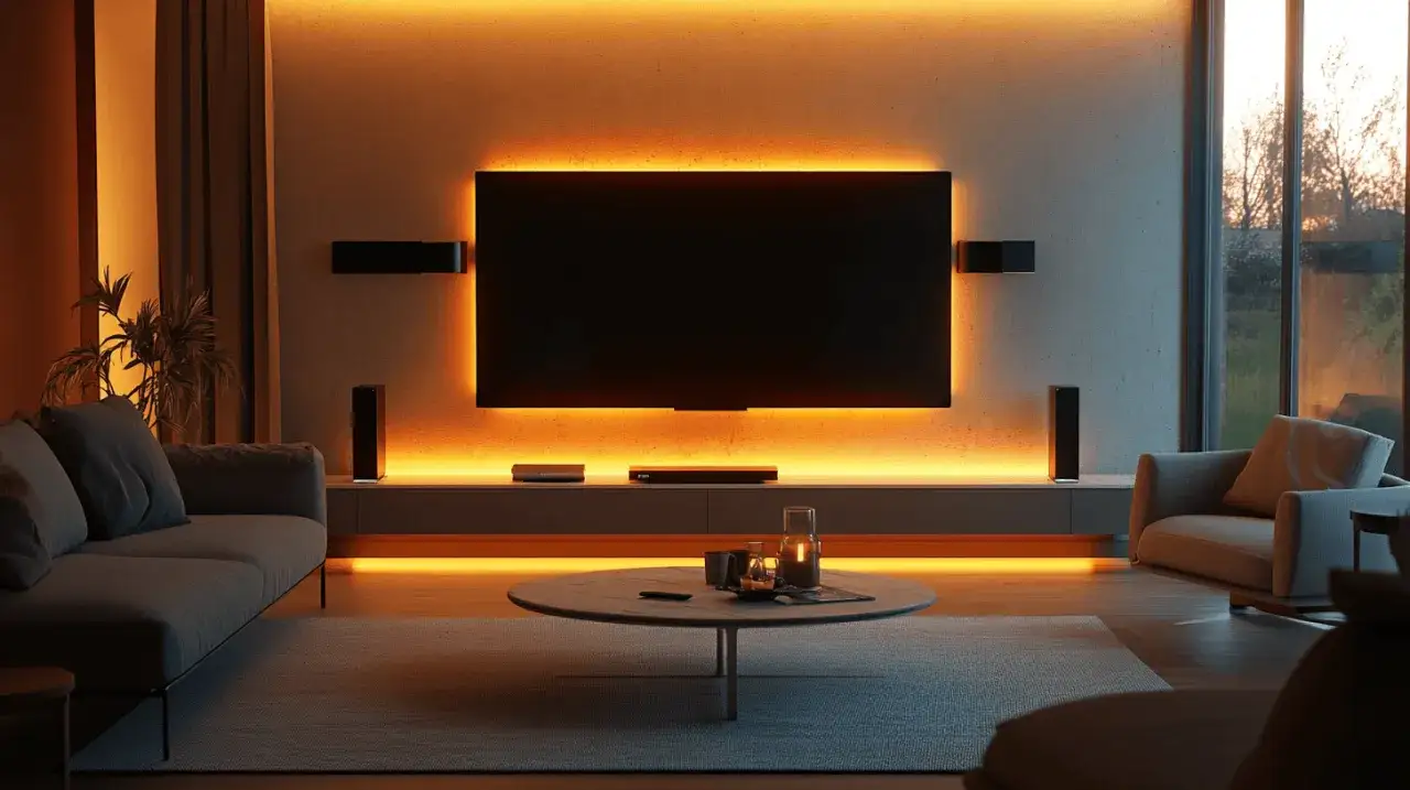Moderne TV-Wand mit indirekter Beleuchtung, die eine gem&uuml;tliche Atmosph&auml;re schafft. Tolle TV Wand Ideen f&uuml;r dein Wohnzimmer.