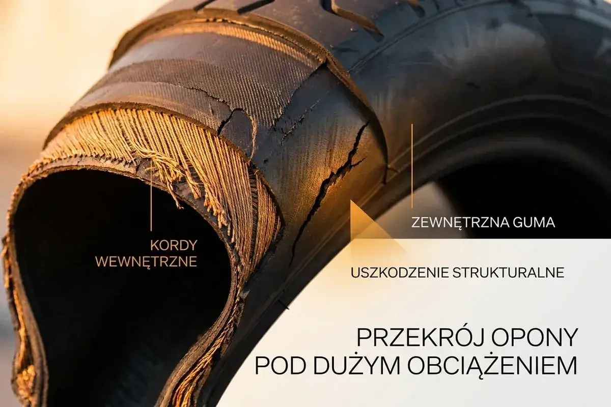 Przekrój opony ukazuje wybrzuszenie na oponie i uszkodzenie strukturalne, odsłaniając wewnętrzne kordy.