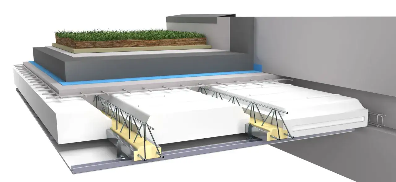 Coupe d'un toit-terrasse végétalisé, montrant l'isolation, la structure et les couches de drainage.
