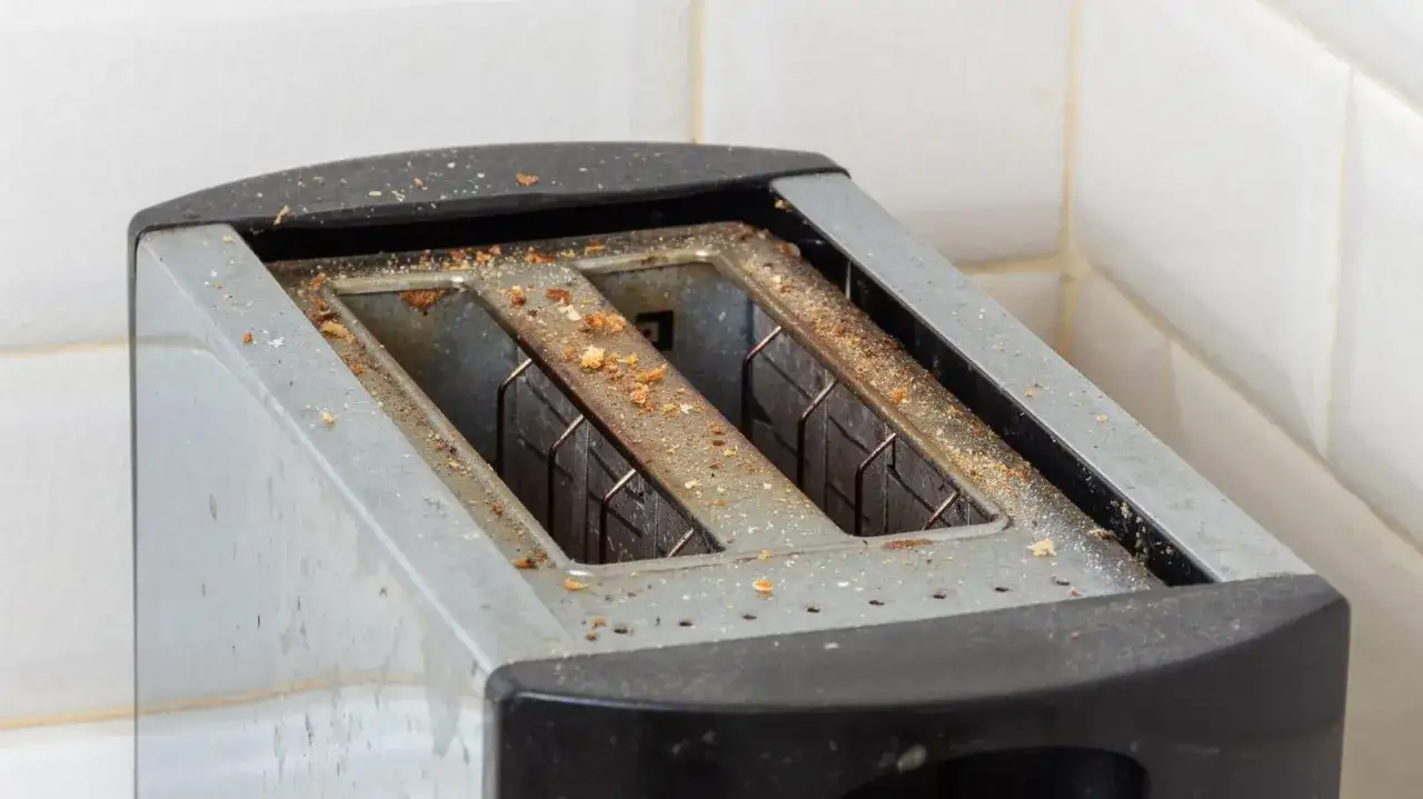 Ein verkrümeltes Toaster-Oberteil, das dringend eine Reinigung benötigt. Krümel und Staub bedecken die Schlitze.