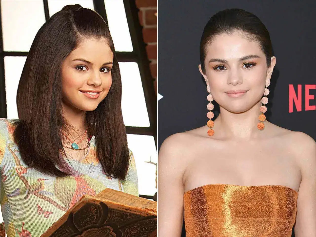 Selena Gomez jako Alex Russo z Czarodziejów z Waverly Place, obok jej obecnego wizerunku.