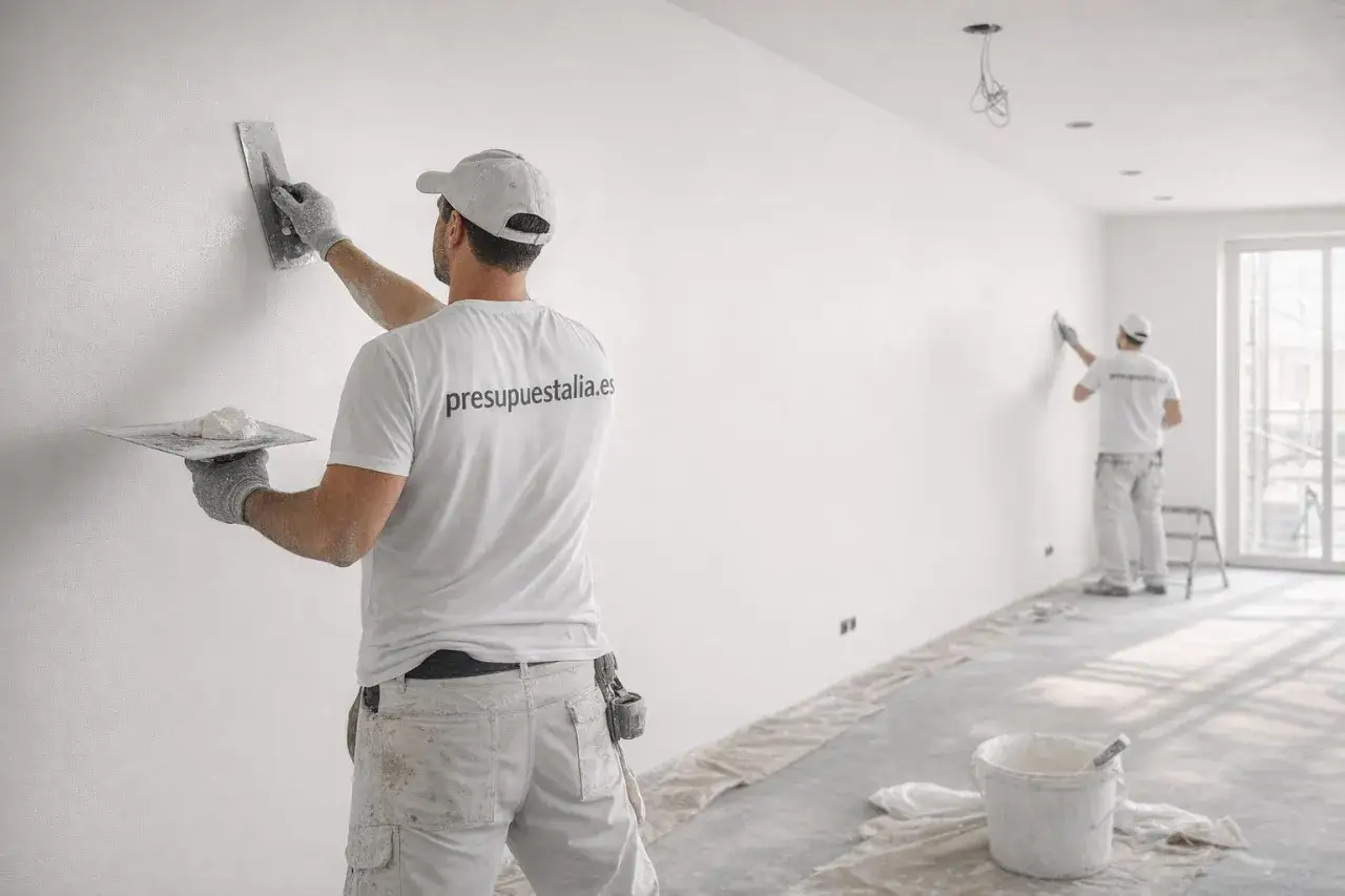 Pintores aplican yeso a una pared. Se preguntan cuanto tarda en secar la perlita para continuar el trabajo.