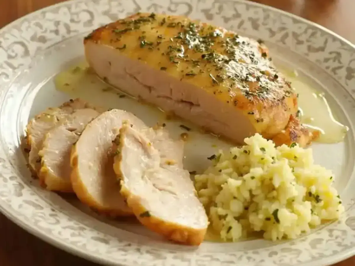 Un d&eacute;licieux poulet r&ocirc;ti, coup&eacute; en tranches, servi avec du riz et une sauce savoureuse. La marinade poulet a rendu la viande tendre et juteuse.