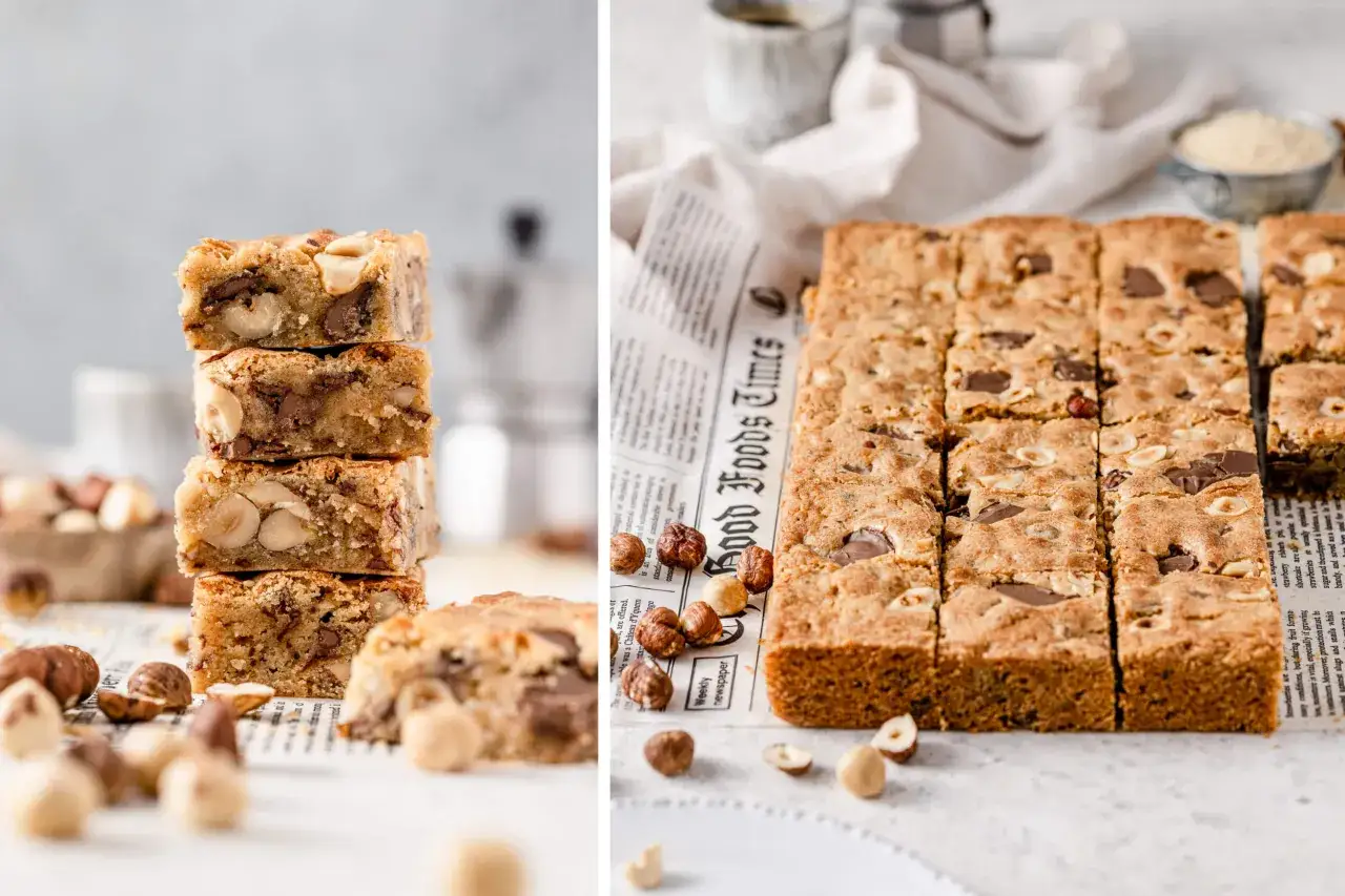 Schokoladen-Haselnuss-Riegel, perfekt für Rezepte mit Haselnussmus. Saftig, mit vielen Nüssen und Schokostückchen.