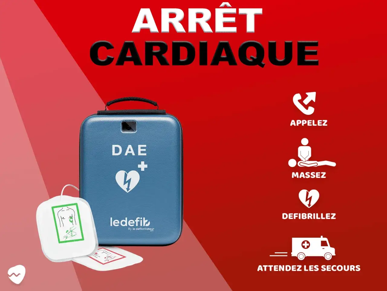 Un défibrillateur (DAE) est montré, prêt à être utilisé en cas d'arrêt cardiaque. Il rappelle les gestes qui sauvent : appelez, massez, défibrillez, attendez les secours.