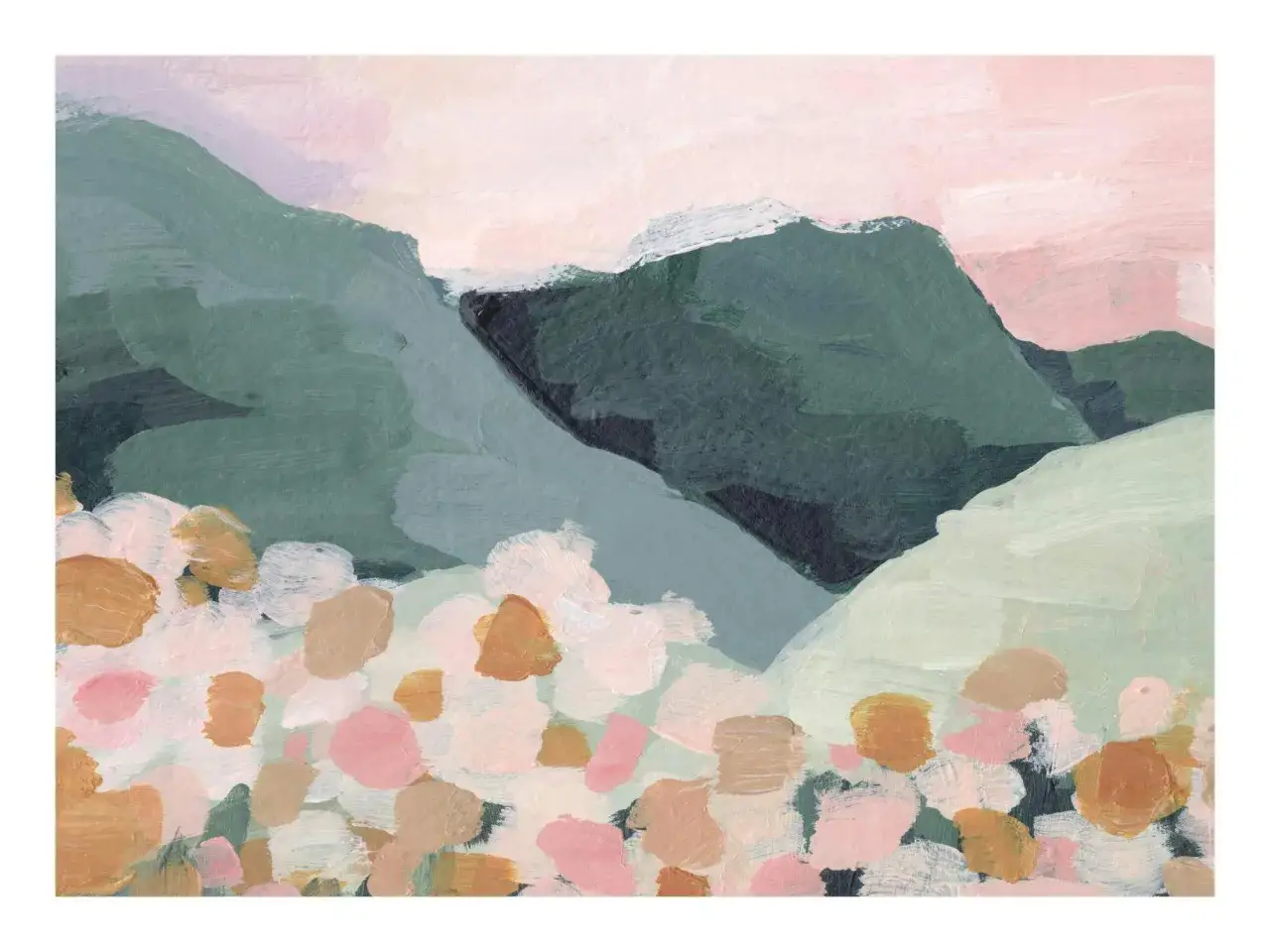 Abstrakt landskap med mjuka berg i gr&ouml;nt och rosa, och en blomster&auml;ng i f&ouml;rgrunden. Akrylm&aring;lningar inspiration.