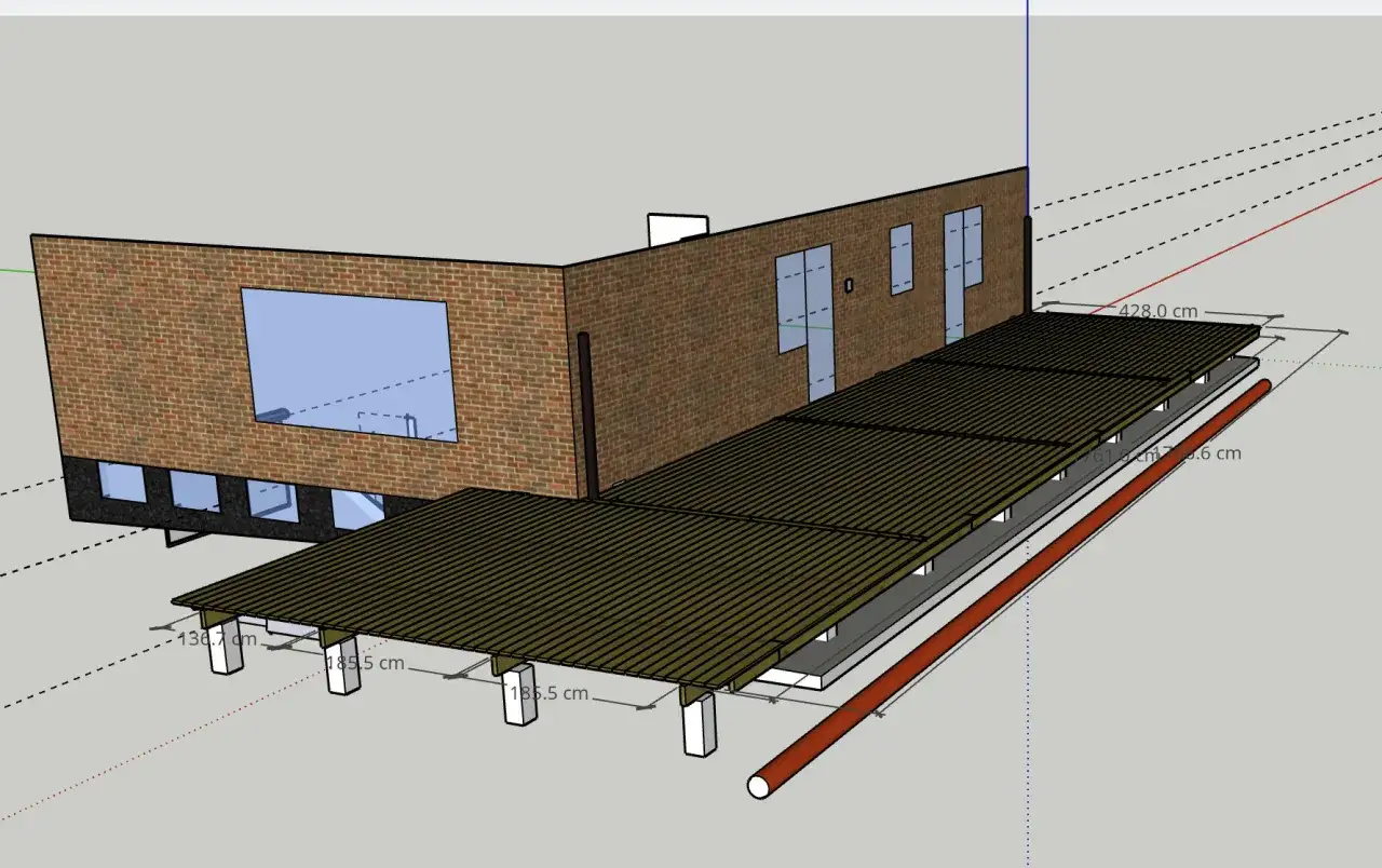 3D-modell av en altan som ska byggas på marken. Tegelvägg med fönster och dörrar.