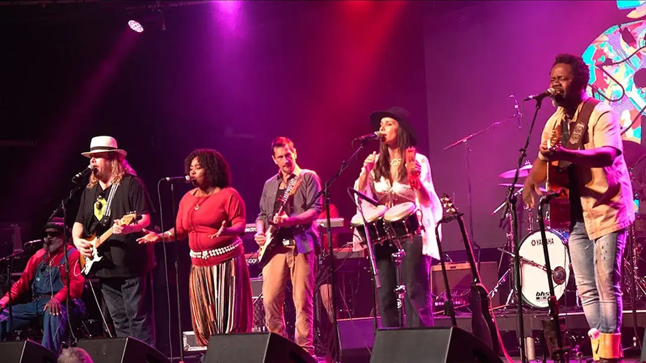 Zespół australijskie gwiazdy muzyki na scenie, śpiewają i grają na gitarach.