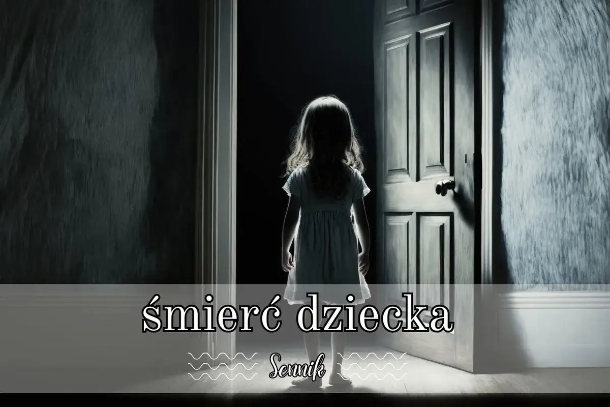 Sennik: przerażający obraz dziecka stojącego w otwartych drzwiach, sugerujący mroczne znaczenie snu o śmierci dziecka.