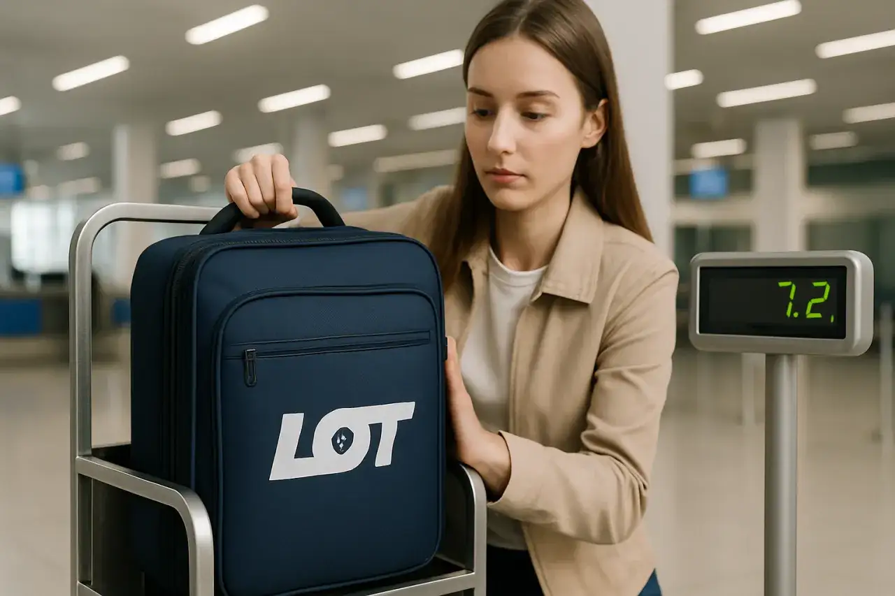 Kobieta z walizką LOT na wózku w terminalu lotniczym. Zastanawia się, ile kosztuje walizka w LOT.
