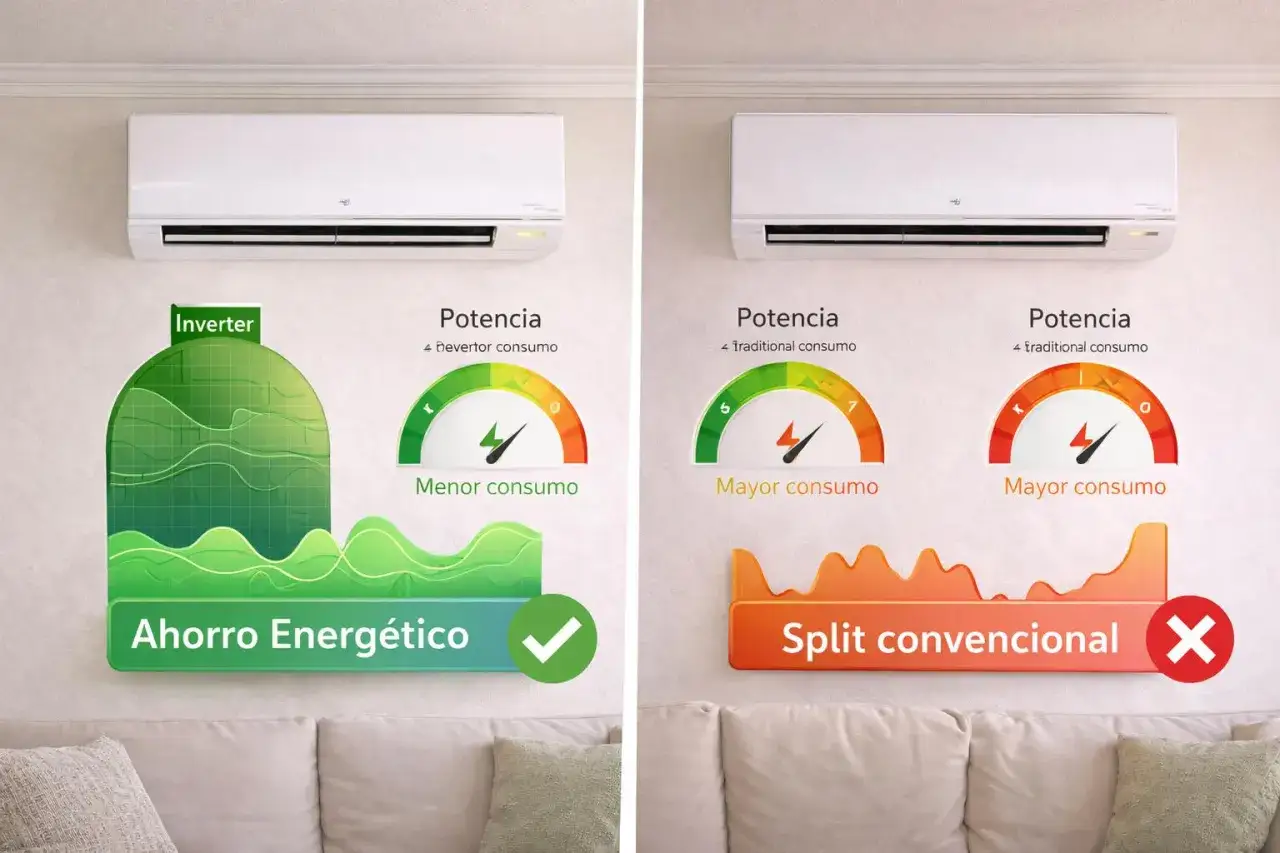 Comparativa de aire acondicionado: Inverter con menor consumo y ahorro energ&eacute;tico vs. Split convencional con mayor consumo.