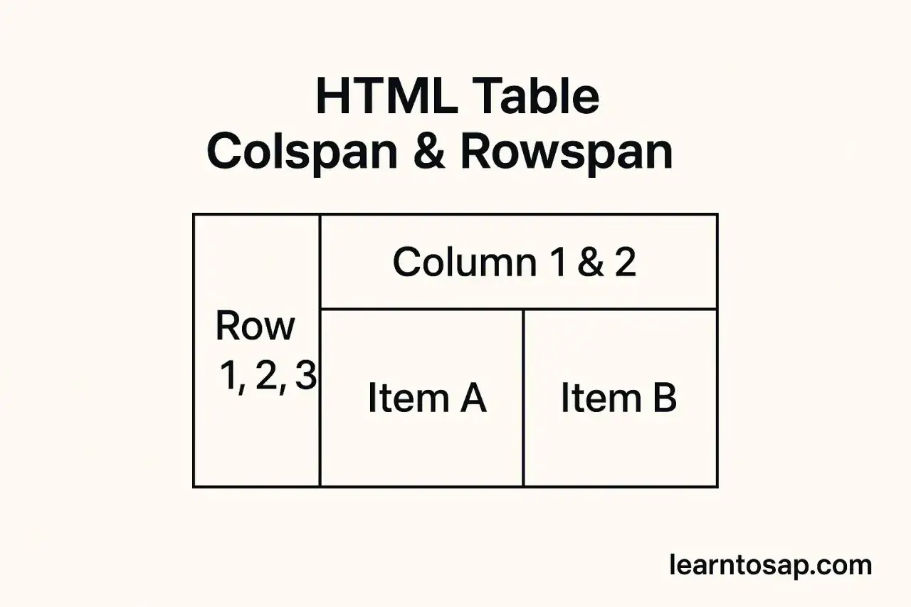 Tabela HTML z `rowspan` dla wierszy 1, 2, 3 i `colspan` dla kolumny 