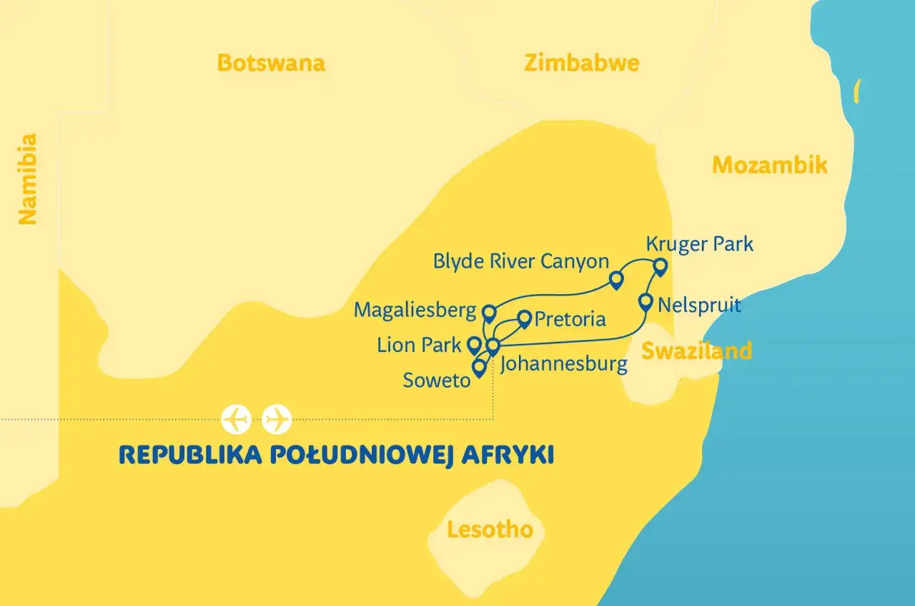 Mapa RPA z zaznaczonymi atrakcjami: Kruger Park, Johannesburg, Pretoria. Planując podróż, warto wiedzieć, kiedy najlepiej jechać do RPA.