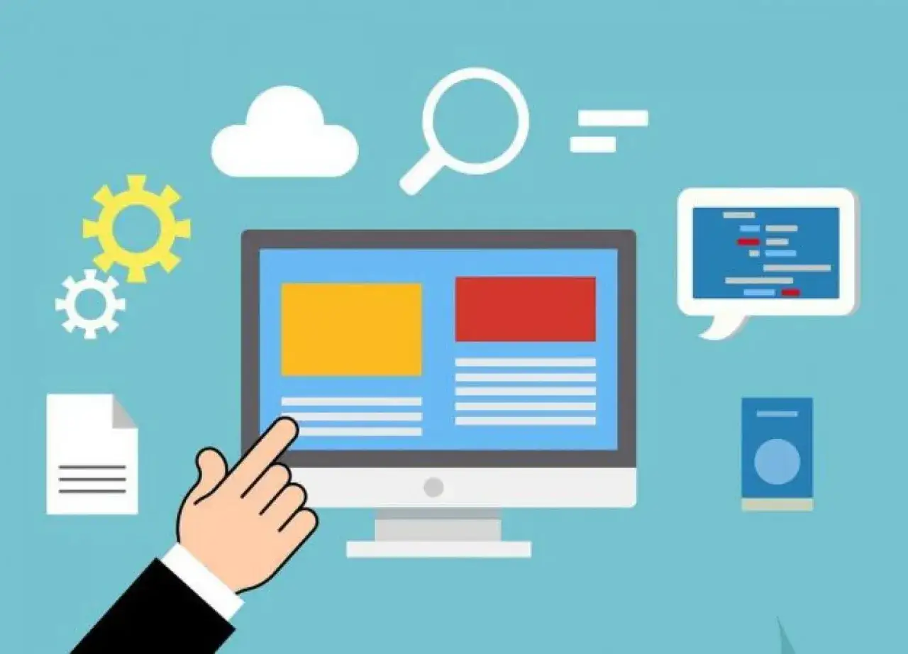 Un dedo se&ntilde;ala una pantalla de ordenador con informaci&oacute;n. &iquest;Cu&aacute;ntos certificados digitales puedo tener? Iconos de nube, engranajes y b&uacute;squeda sugieren gesti&oacute;n de datos.