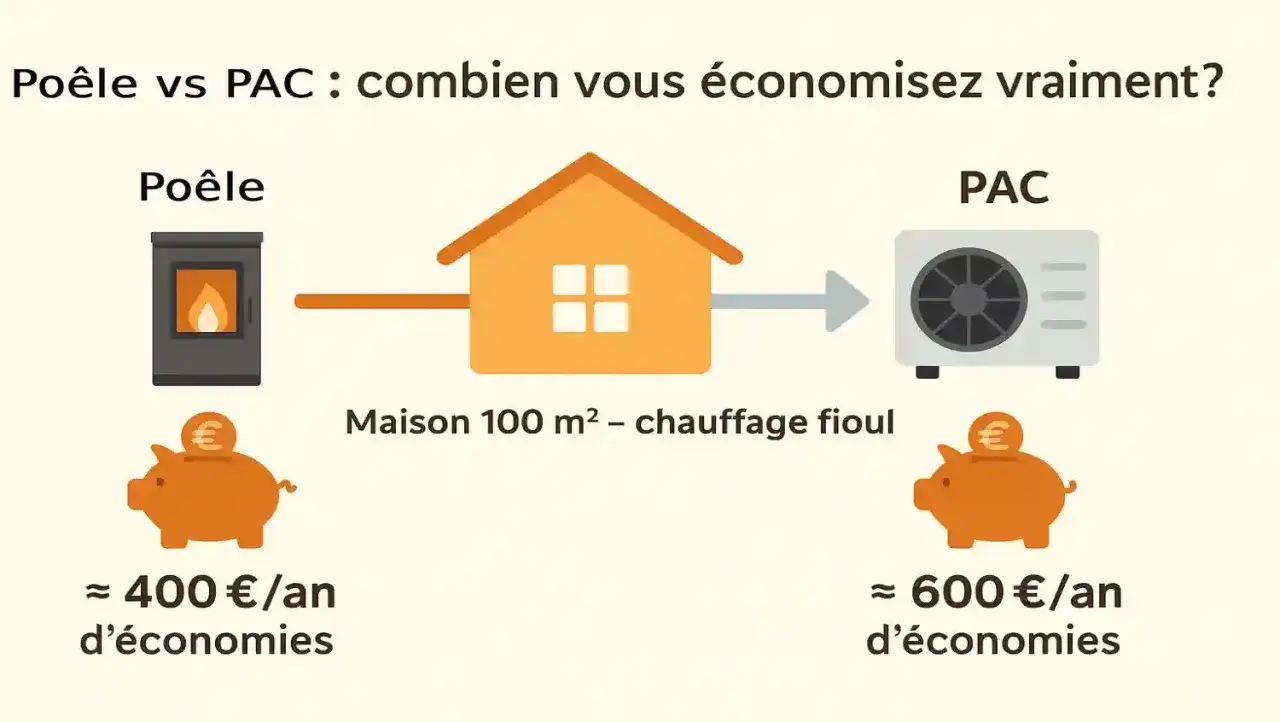 Comparaison poêle à granulés et pompe à chaleur (PAC) pour une maison de 100m². Le poêle permet environ 400€ d'économies/an, la PAC environ 600€/an.
