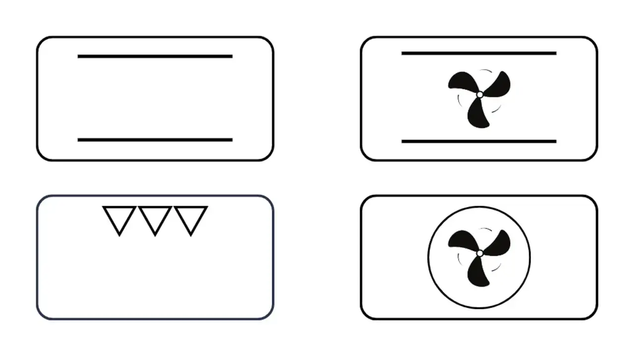 Symbole f&uuml;r Backofenfunktionen: Ober- und Unterhitze, Hei&szlig;luft mit L&uuml;fter, Grillfunktion.