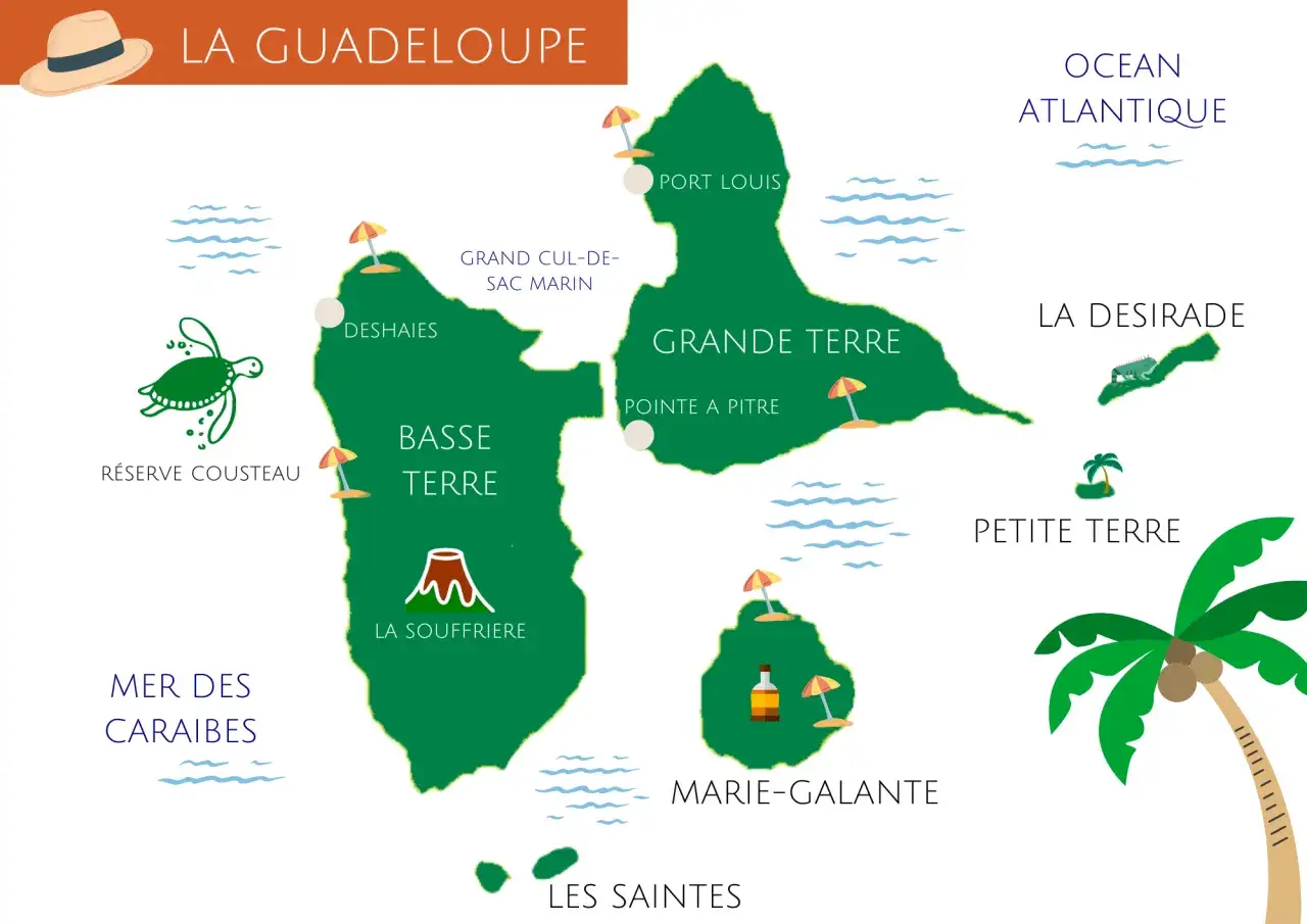 Carte de la Guadeloupe, id&eacute;ale pour un circuit de 15 jours. Explorez Basse-Terre, Grande-Terre, Les Saintes, Marie-Galante, La D&eacute;sirade.