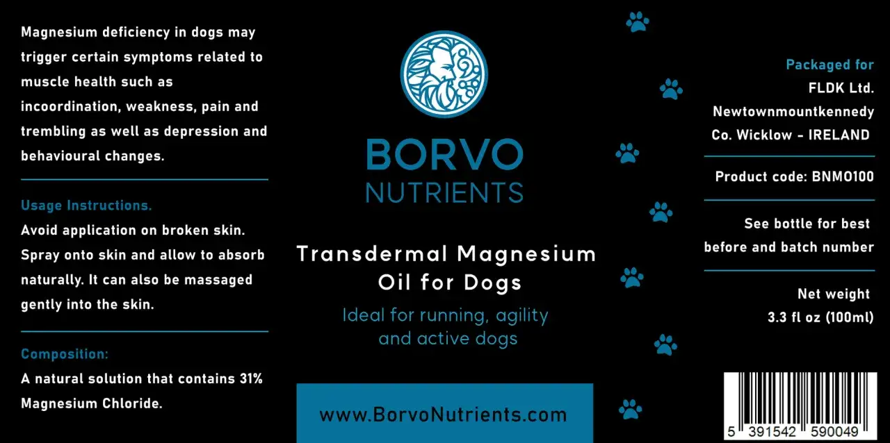 Borvo Nutrients Transdermal Magnesium Oil for Dogs. Hjälper vid muskelproblem, perfekt för aktiva hundar. Magnesium hund.