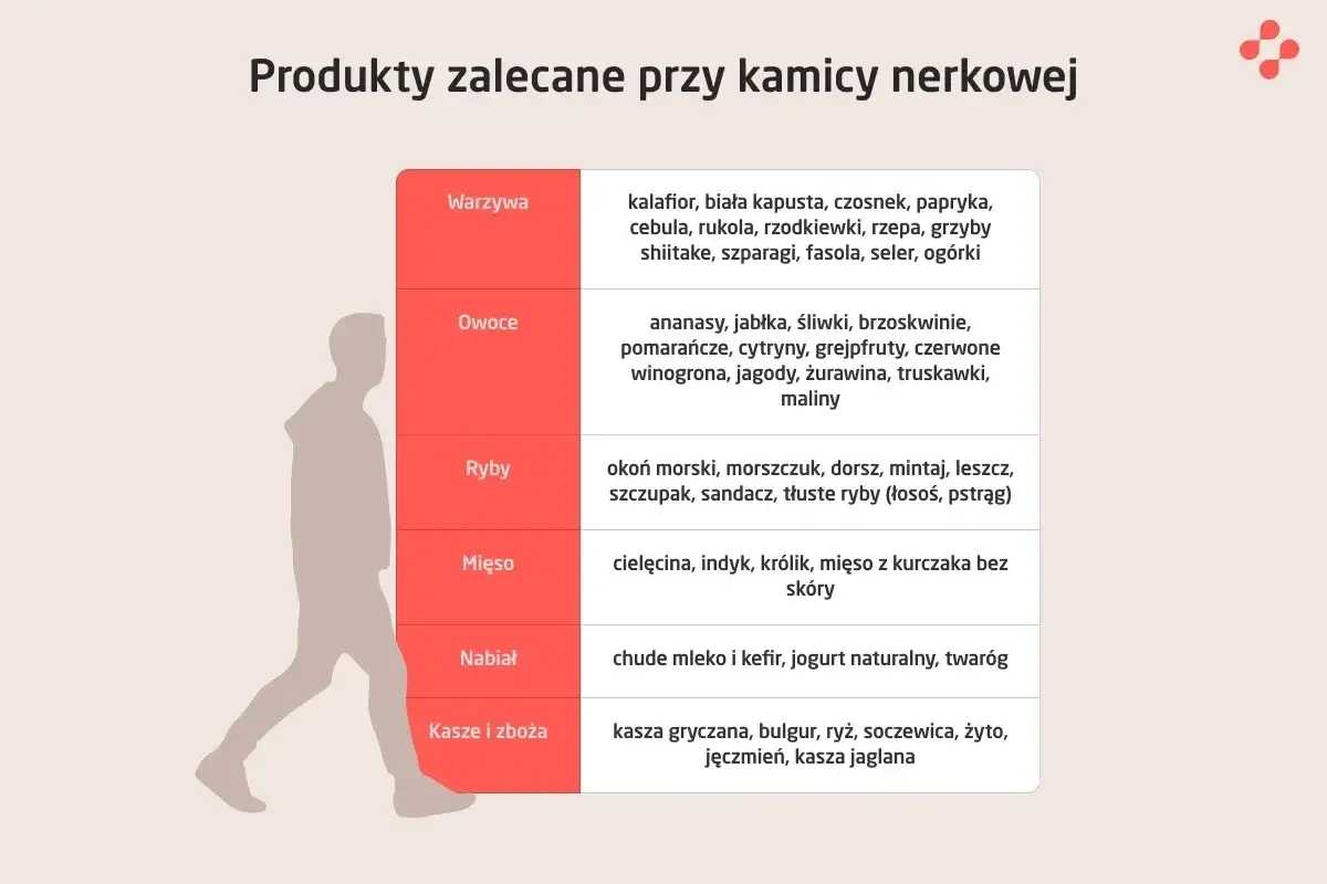 Tabela produktów zalecanych przy kamicy nerkowej: warzywa, owoce, ryby, mięso, nabiał, kasze i zboża. Unikaj pewnych produktów, by nie pogorszyć stanu.