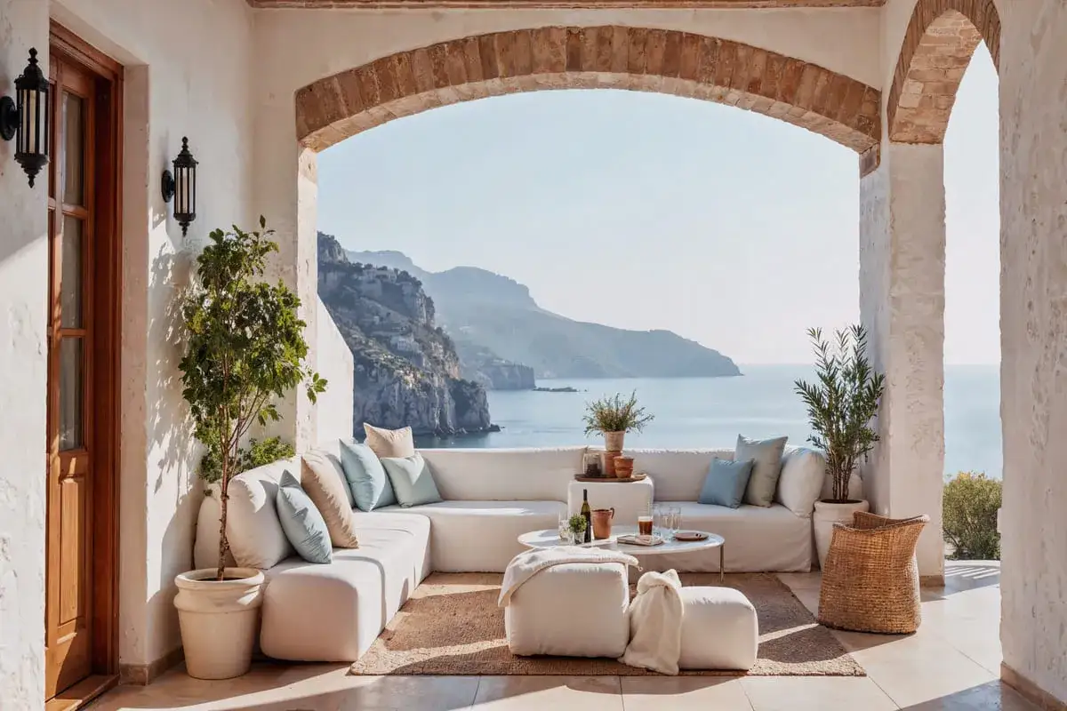 Terraza con vistas al mar, un sofá blanco y cojines celestes. Un rincón perfecto para sentir la playa en casa.