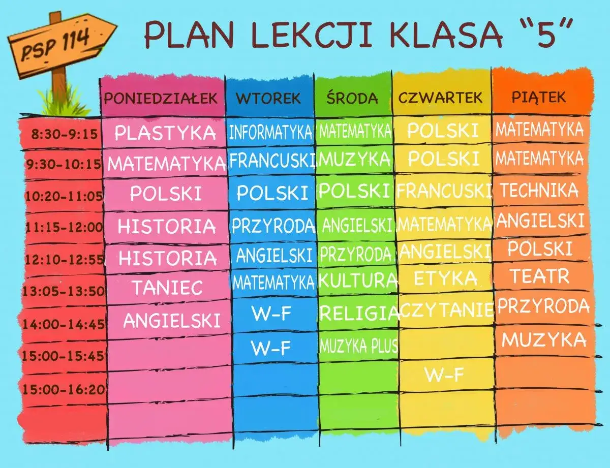 Plan lekcji klasy 5: polski, matematyka, historia, plastyka, informatyka, francuski, muzyka, przyroda, angielski, technika, kultura, etyka, teatr, religia, czytanie, taniec, WF, muzyka plus.