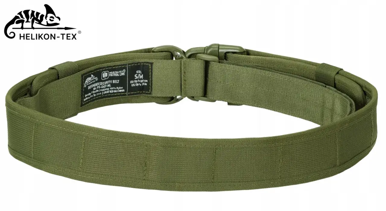 Oliwkowy pas Helikon Defender z klamrą Duraflex, idealny do zadań specjalnych.