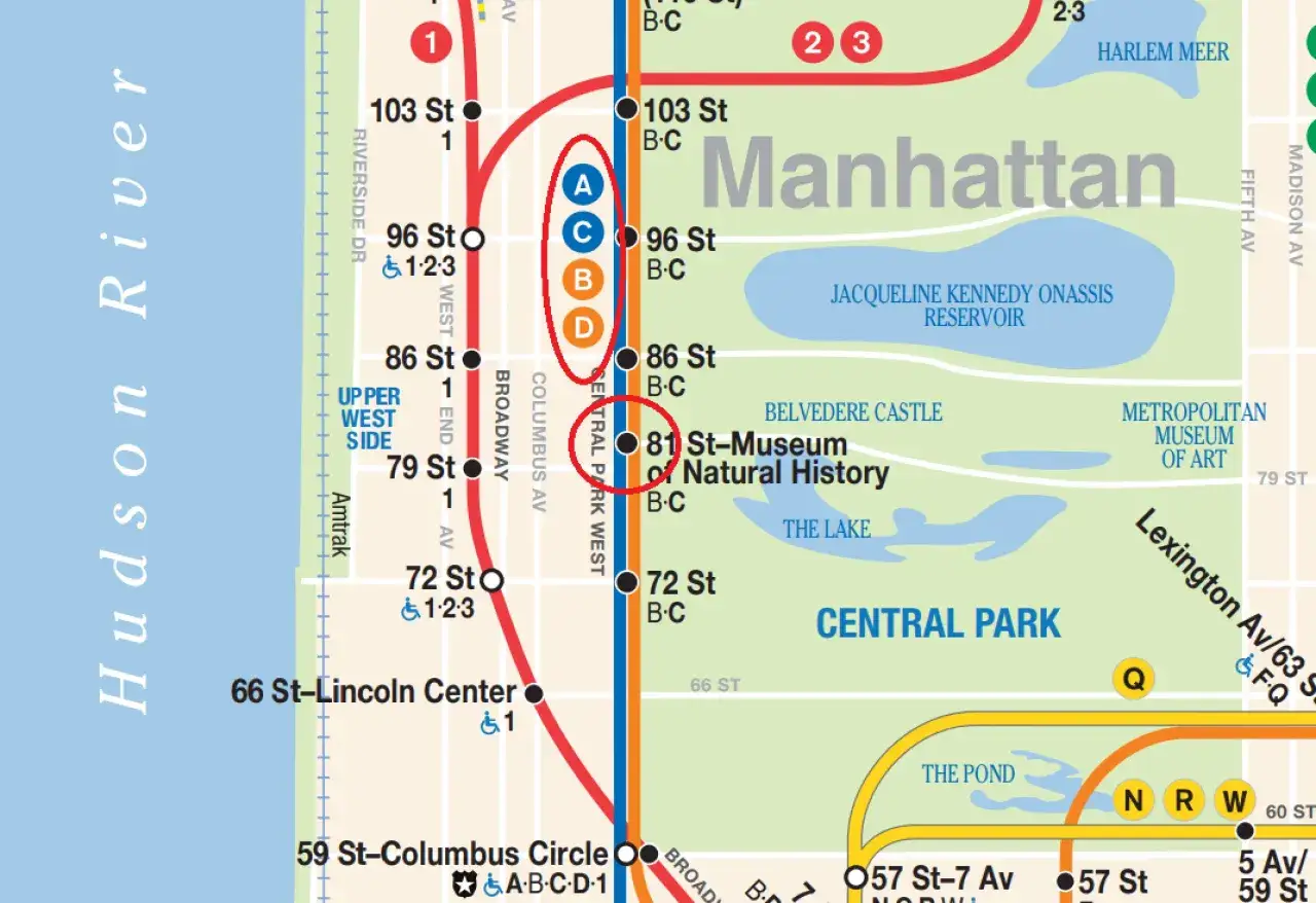 Mapa metra w Nowym Jorku, pokazująca linie A, C, B, D w pobliżu Central Park West i 81 St-Museum of Natural History.