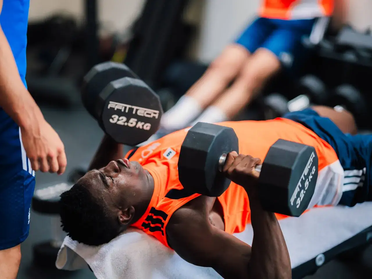 Ein Mann trainiert mit Kurzhanteln auf einer Bank. Sein Trainingsplan f&uuml;r Muskelaufbau ist intensiv.