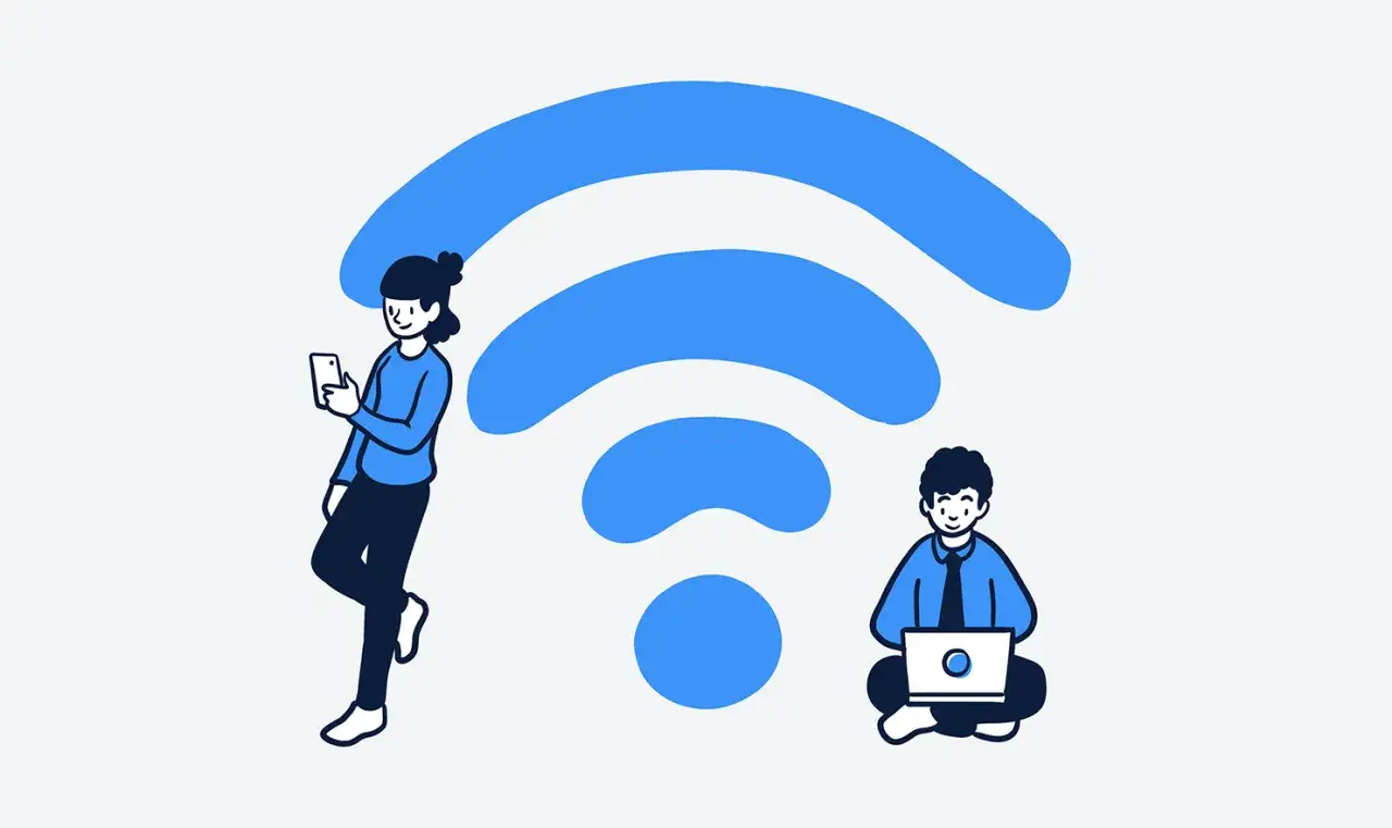 Dwie postacie korzystają z internetu, jedna na telefonie, druga na laptopie, pod dużym symbolem Wi-Fi. Avast VPN zapewnia bezpieczne połączenie.