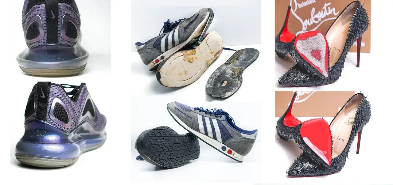 Zniszczone buty sportowe i eleganckie szpilki czekają na naprawę.