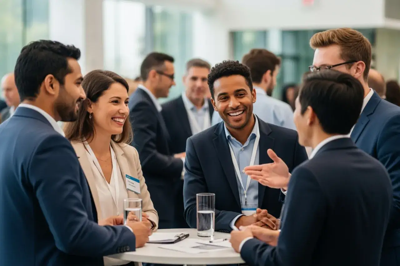 Un grupo de profesionales sonríe y conversa animadamente en eventos emprendedores.