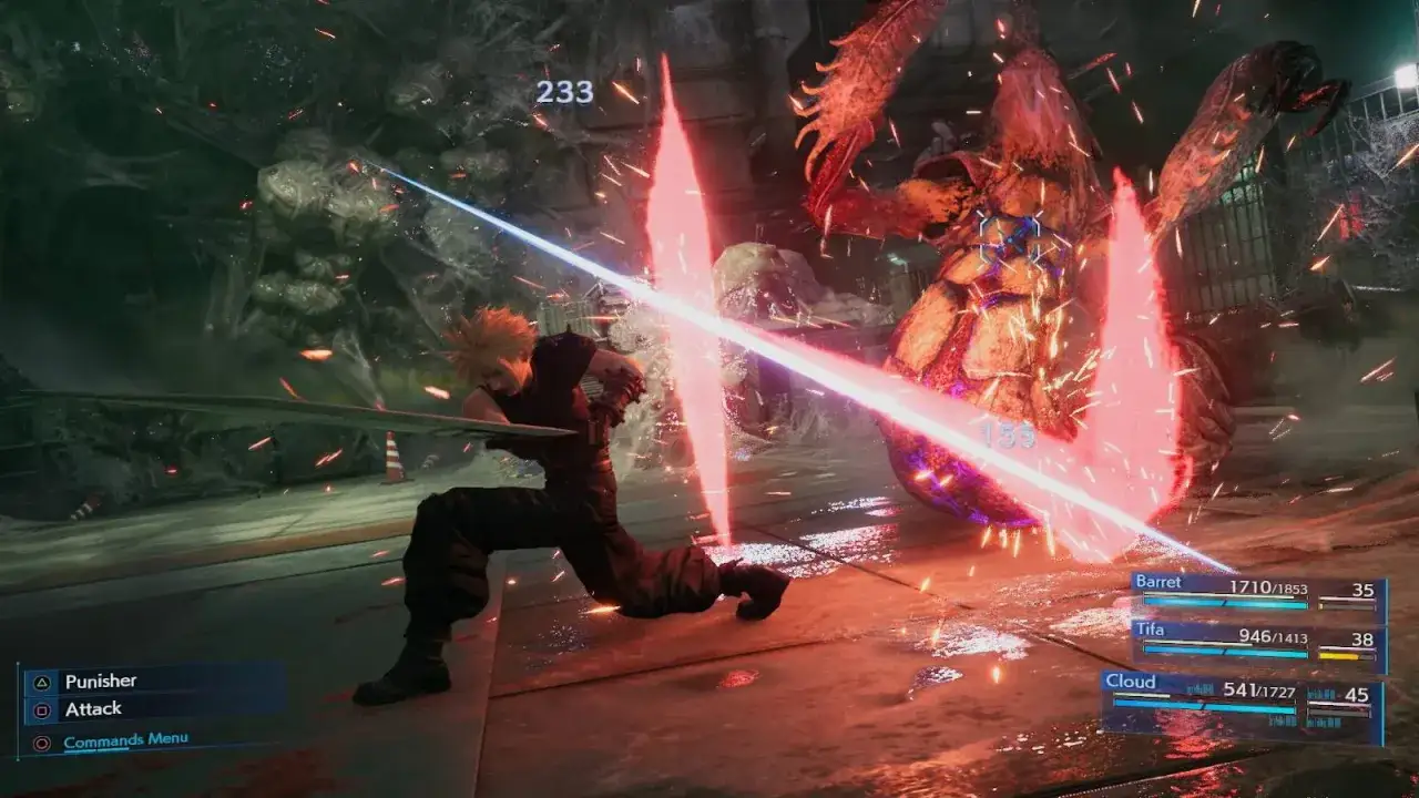 Cloud lucha contra un monstruo en Final Fantasy 7 Remake, esquivando un ataque rojo brillante.
