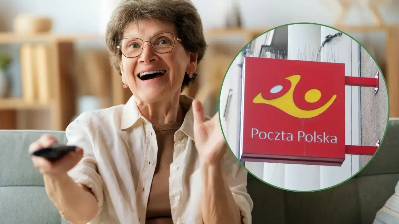 Radosna seniorka z pilotem w ręku cieszy się z możliwości zwolnienia z abonamentu RTV po 60 latach. W tle logo Poczty Polskiej.