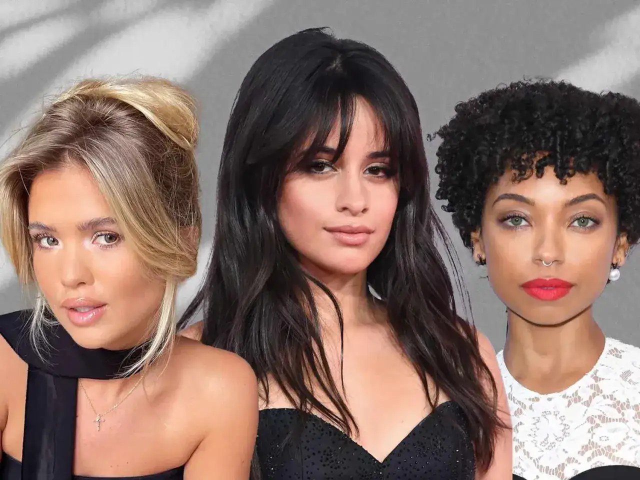 Drei Frauen mit unterschiedlichen Frisuren: Blond mit Dutt, dunkle Haare mit curtain bangs frisur und lockige Afro-Frisur.
