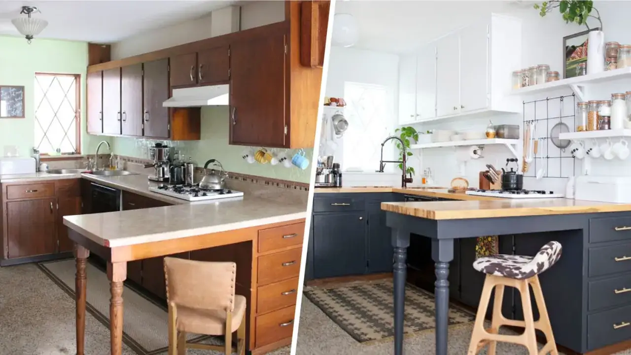 Cocina antes y despu&eacute;s: la pared de la cocina se pint&oacute; de blanco, los gabinetes oscuros y la encimera de madera le dan un nuevo estilo.