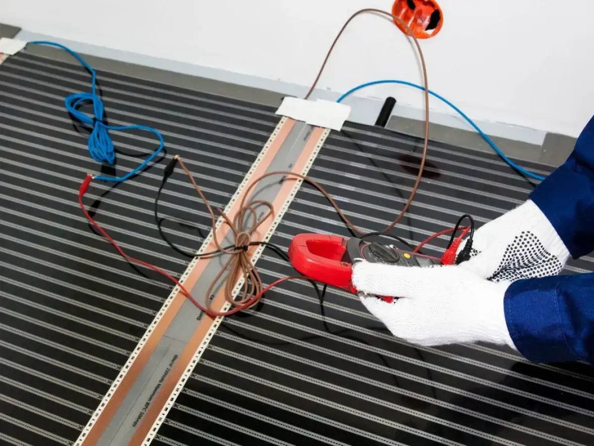 Instalator sprawdza instalację ogrzewania podłogowego elektrycznego, by zminimalizować ogrzewanie podłogowe elektryczne koszty miesięczne.