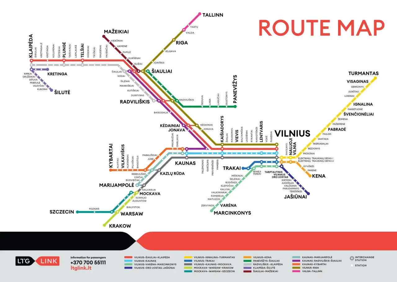 Zugroute von Riga nach Tallinn, mit vielen Zwischenstopps in Litauen und Lettland.