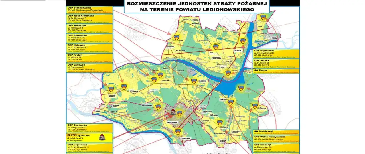 Mapa rozmieszczenia jednostek straży pożarnej w powiecie legionowskim. Widać tu oznaczenia OSP i KP PSP, a także ich adresy.