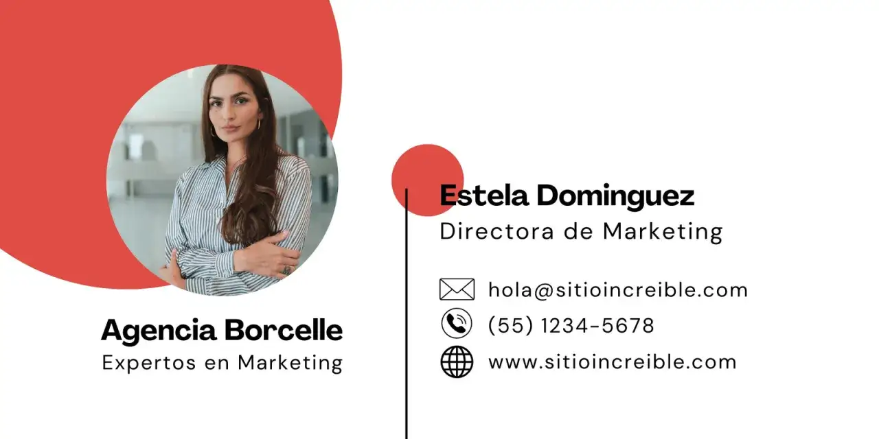 Ejemplos de firmas de correo electrónico: Estela Domínguez, Directora de Marketing en Agencia Borcelle, con datos de contacto.