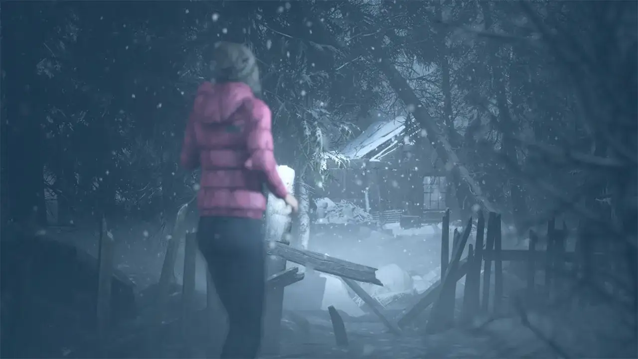 Dziewczyna w różowej kurtce idzie przez zasypany śniegiem las w stronę opuszczonej chaty. Czy uda jej się zdobyć wszystkie until dawn trofea?