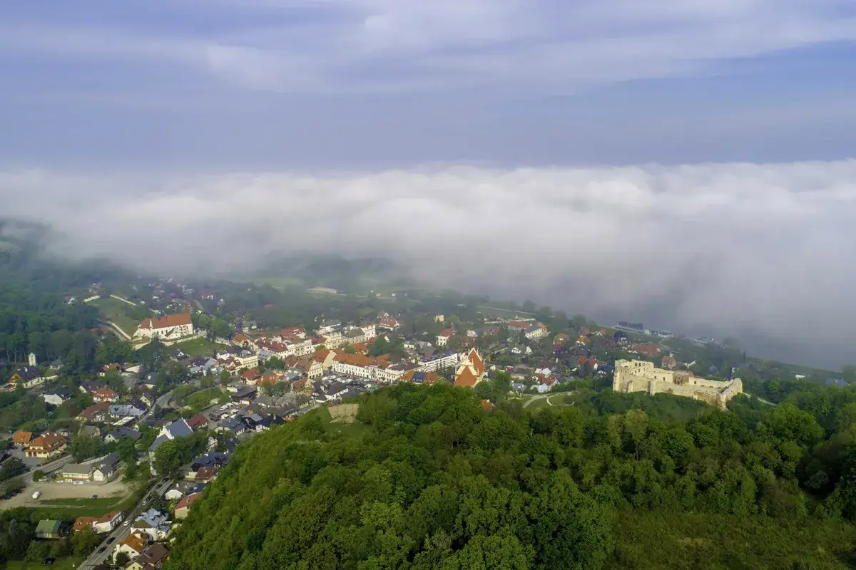 Widok na miasteczko na Lubelszczyźnie otoczone mgłą i lasami. Widać zamek i kościół.