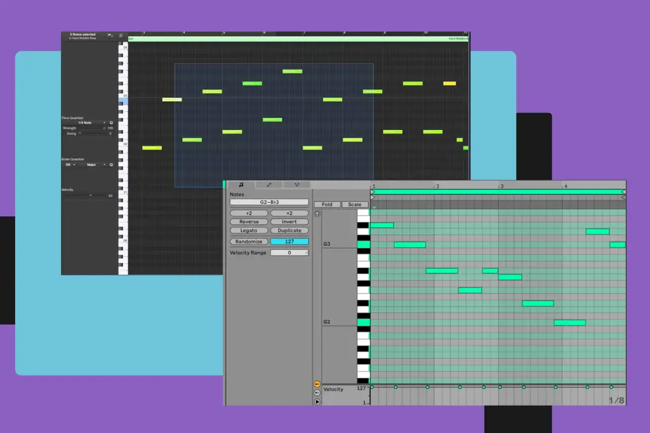 &Eacute;dition d'une piste midi dans un logiciel de musique. Des notes color&eacute;es apparaissent sur une grille, avec des options d'&eacute;dition comme 