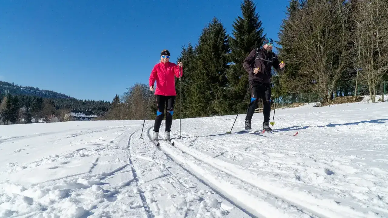 Para na narty na Dolnym Śląsku. Dwoje narciarzy biegowych cieszy się słonecznym dniem na zaśnieżonej trasie.