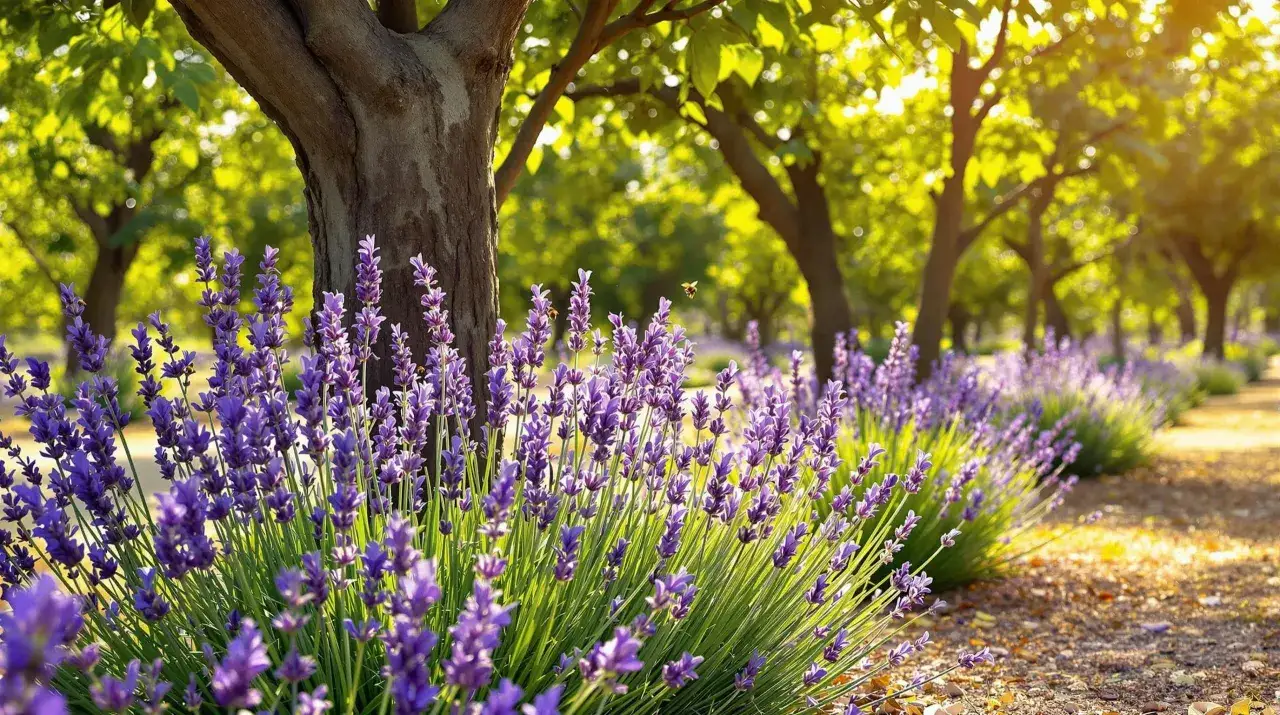 Un chemin bord&eacute; de lavande violette sous les arbres. Le soleil filtre &agrave; travers les feuilles, cr&eacute;ant une atmosph&egrave;re paisible. Id&eacute;al pour savoir quand planter la lavande.