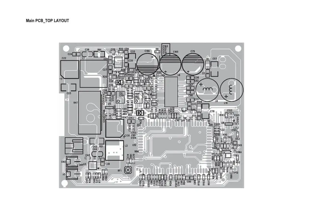 Sch&eacute;ma du circuit imprim&eacute; d'une enceinte JBL. On y voit des composants &eacute;lectroniques comme des condensateurs, r&eacute;sistances et circuits int&eacute;gr&eacute;s, illustrant comment fonctionne une enceinte JBL.