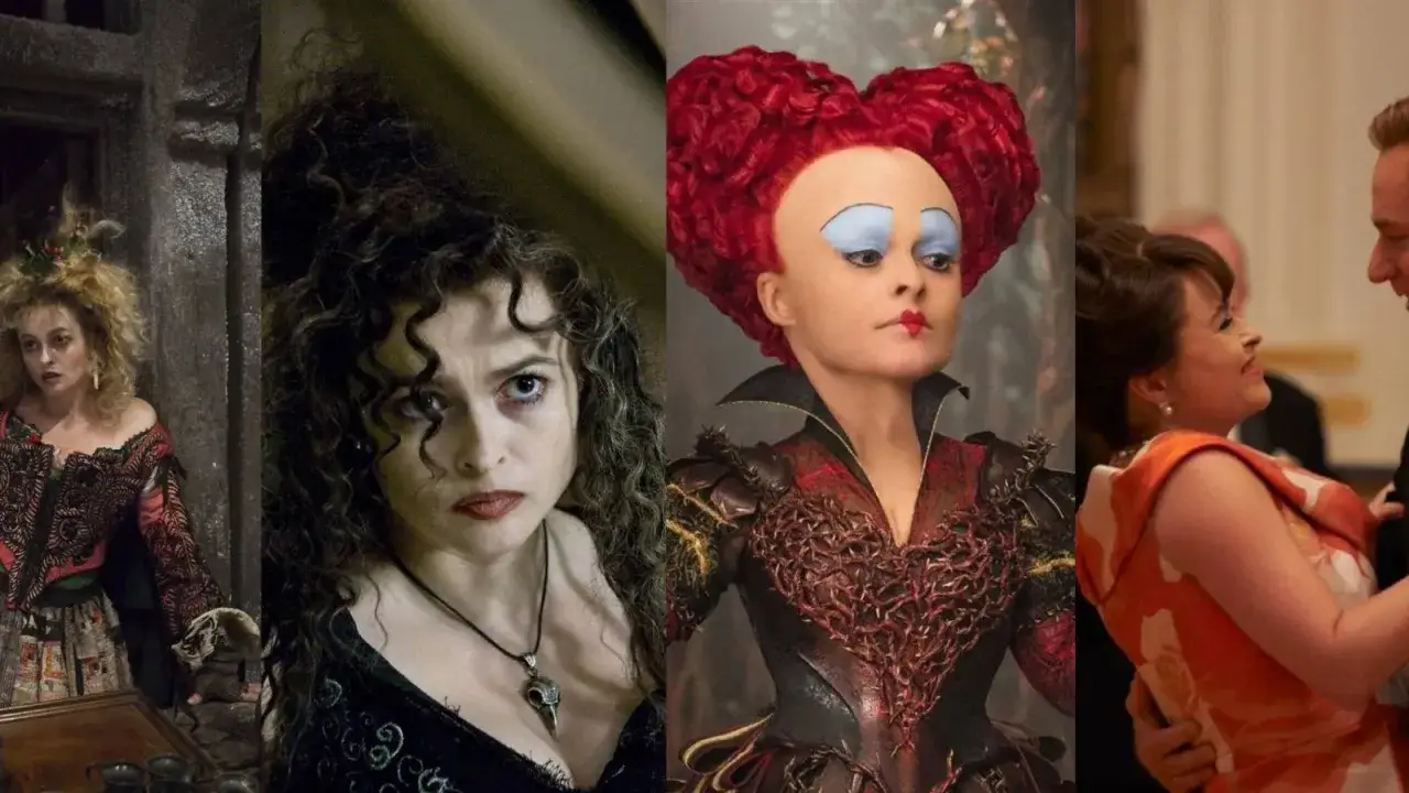 Helena Bonham Carter jako Bellatrix Lestrange z Harry'ego Pottera, Królowa Kier i w eleganckiej sukni.