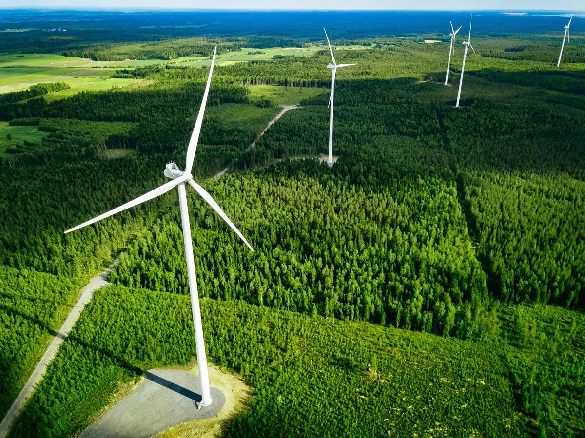 Wiatraki na tle zielonego lasu, symbolizujące czystą energię z wiatru.