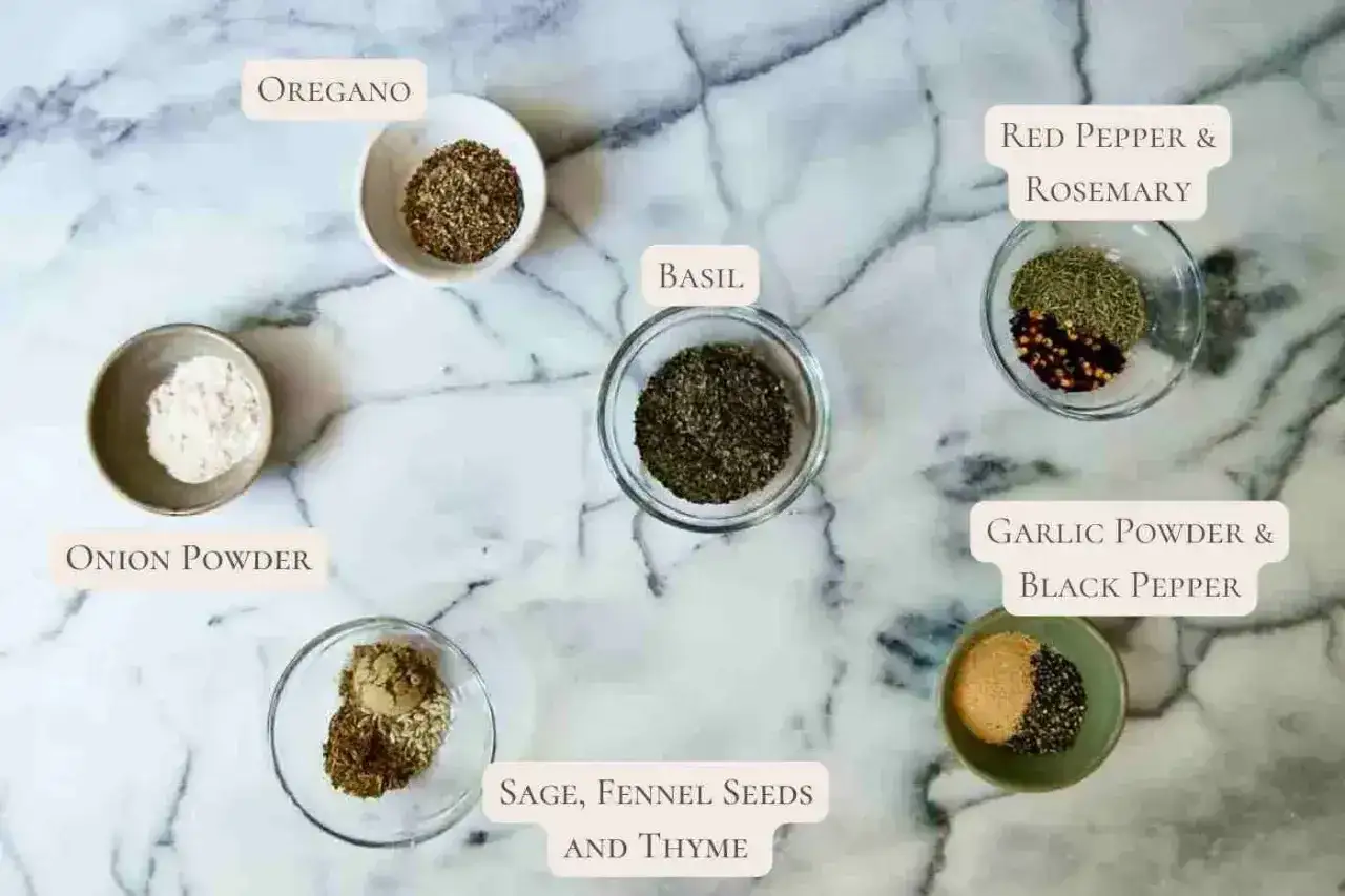 Idealne jakie przyprawy do spaghetti: oregano, bazylia, czosnek, cebula, rozmaryn, tymianek, nasiona kopru włoskiego, pieprz i płatki chili.