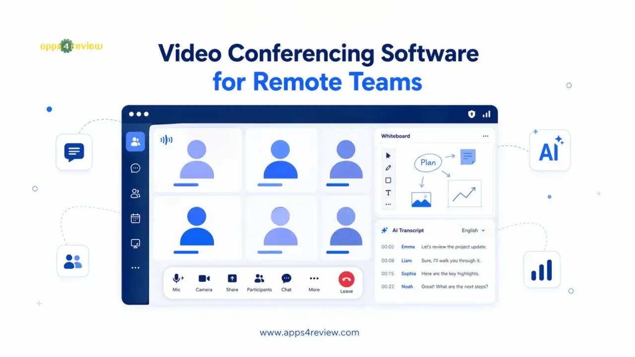 Interfaz de software para videollamadas con seis participantes, pizarra y transcripci&oacute;n IA.